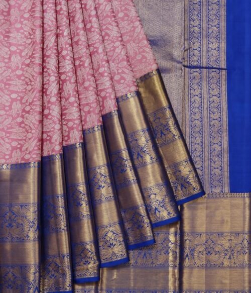 Purple Kanchipuram Silk Saree with Kili, Yanai, and Mayil Motifs