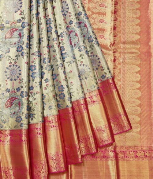 Gold Kanchipuram Silk Saree with Mayil Motifs and Pink Pallu