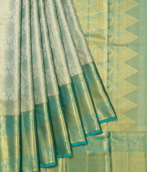 Gold Kanchipuram Silk Saree with Floral Design and Sea Green Border