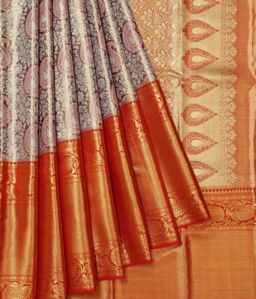 Blue Kanchipuram Silk Saree with Floral Zari and Red Pallu Regular price