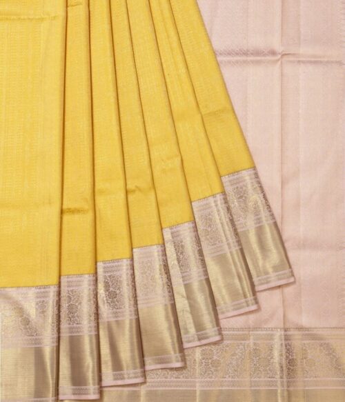 Yellow Kanchipuram Silk Saree with Onion Pink Zari Pallu