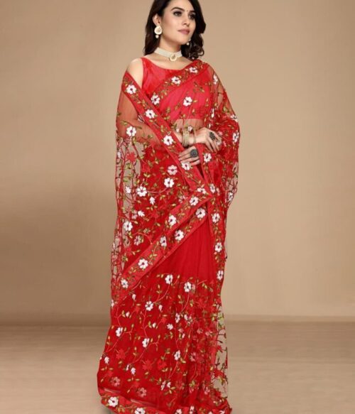 Women Embroidered Net Saree