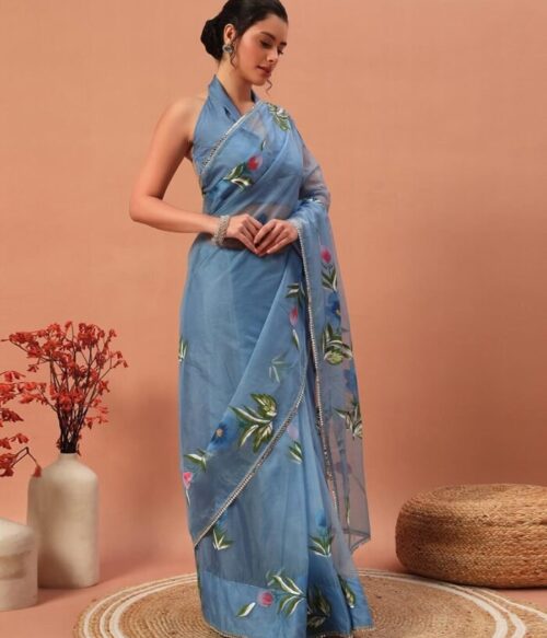 Women Hand Floral Printed Organza Saree