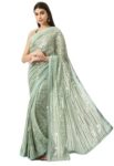 Women’s Pre-Stitched Golden Striped Splendor Ready To Wear Georgette Saree with Blouse (Customize Available)