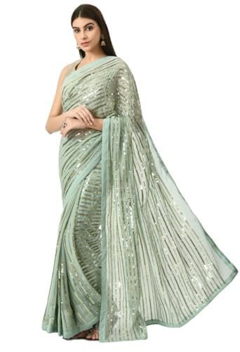 Women’s Pre-Stitched Golden Striped Splendor Ready To Wear Georgette Saree with Blouse (Customize Available)