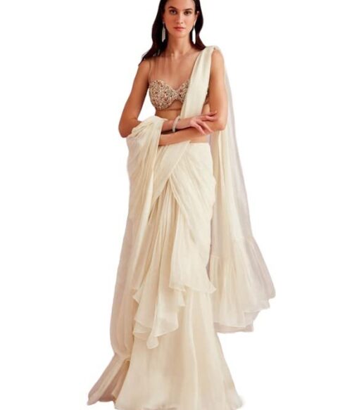 Women’s frill ruffle ready to wear saree for wedding mehandi party diwali haldi reception navratra gift