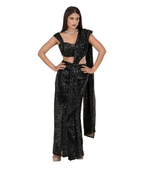 Black Starlet Glamour Ready-to-Wear Sequinned Draped Saree and Blouse Set for Women Girls | Fashion Wear for Party | Wedding Saree | Ethnic Wear | Festivewear