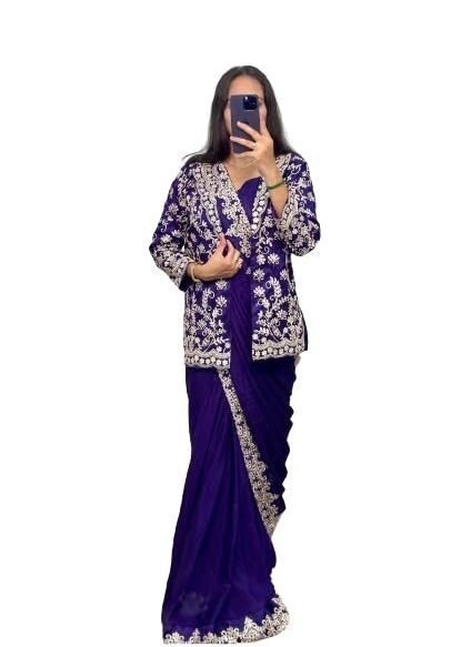 Ready To Wear Saree & Koti Set For Women Bollywood Style Chinon Silk Fabric On Embrodery Sequance Cording Work