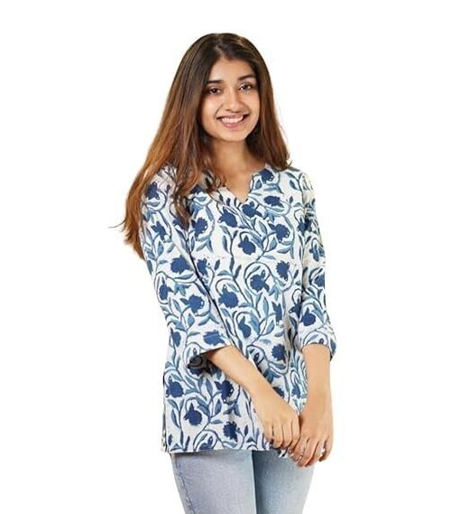 Indian Women’s Tunics Tops Cotton Hand Block Printed Short Kurti Kurta Shirt Top for Women