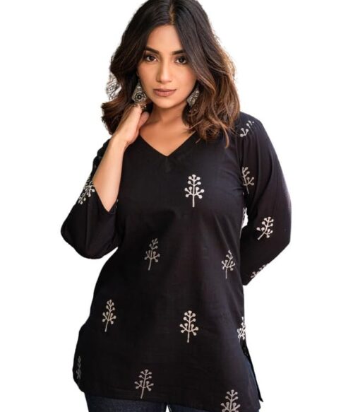 Floral Print Rayon Kurta for Women | Regular Fit Top | Stylish Top for Girls | Top for Office | Kurti for Women | Black | 1083