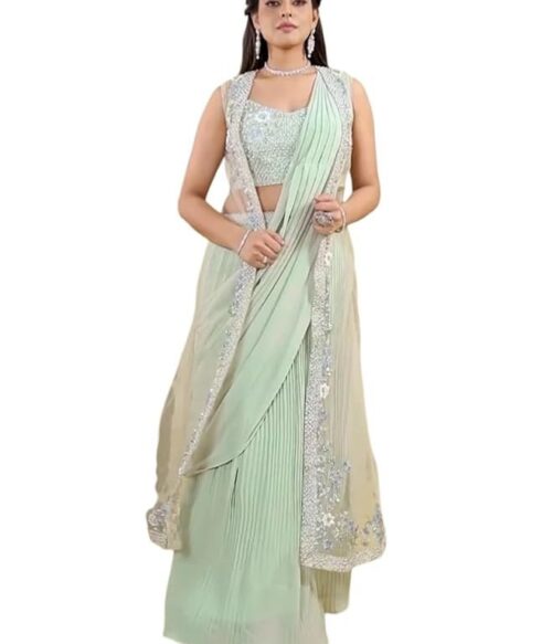 Ready to Wear Saree with Shrug Jacket for Women | Georgette One Minute Saree with Stitched Blouse | Stylish Saree Gown for Weddings and Festive Celebrations