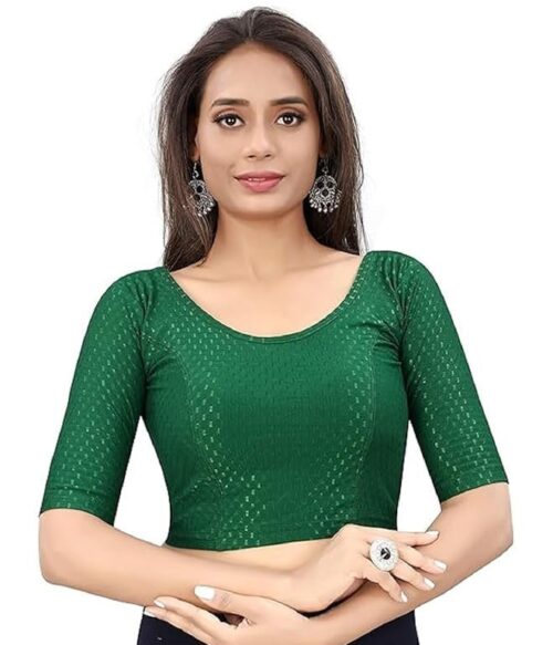 Round Neck Dobby Cotton Lycra Stretchable Elbow Half Sleeve Readymade Saree Blouse for Women Stylish