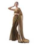 Women’s Organza Lightweight Lace Work Saree With Art Silk Sequence Work Golden Unstitched Blouse Piece