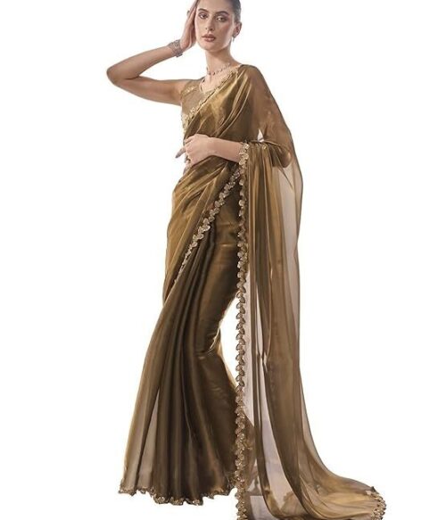 Women’s Organza Lightweight Lace Work Saree With Art Silk Sequence Work Golden Unstitched Blouse Piece