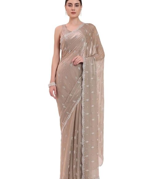 Women’s Beige Organza Crushed Siroski Work Embellished Border Saree With Unstitched Blouse