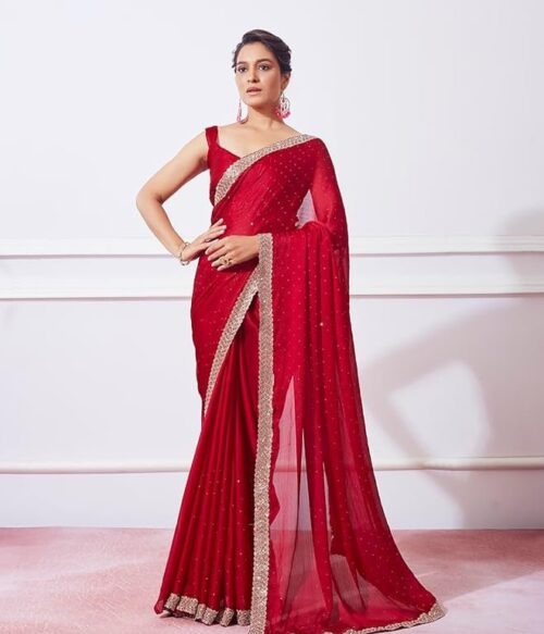 Women’s Satin Chiffon All Over Fix Diamond With Lace Work Saree With Matching Unstitched Blouse Piece