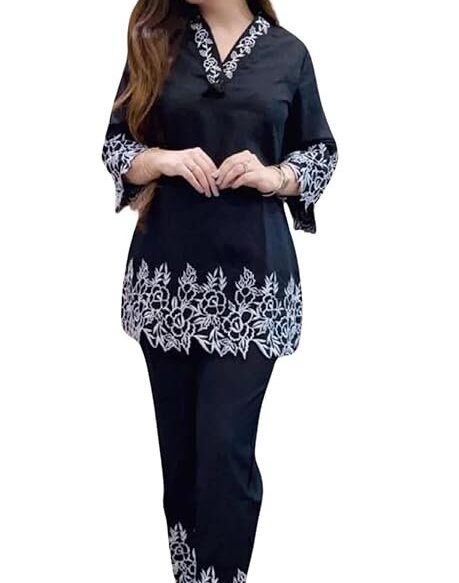 Women’s Rayon Fabric 3/4 Sleeves Collared Neck Thread Embroidery Cord Set