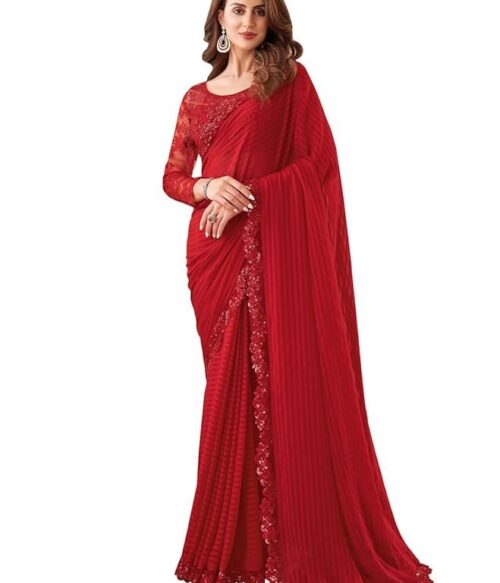 Women’s Self Woven, Lace Georgette Saree with Unstitched Blouse