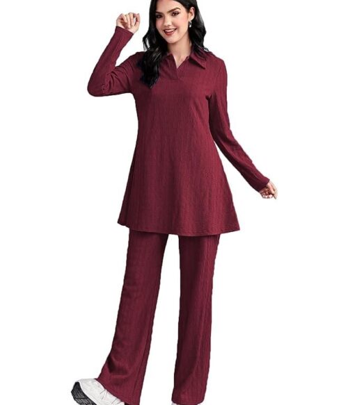 Women’s Solid Color Two-Piece Set | Long Sleeve Top & Wide Leg Pants Co-ord Set