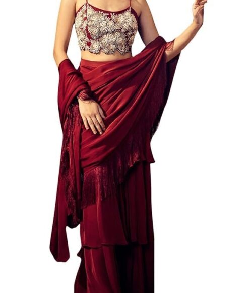 Saree Trends Women’s Faux Georgette ready to wear Frill saree with unstitched blouse