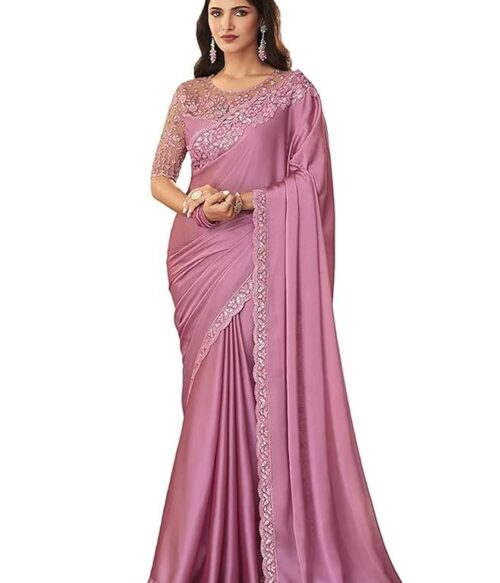 Women’s And Girls Embroidery Lace & Sequence Embroidery Chiffon Saree With Unstitched Blouse Piece