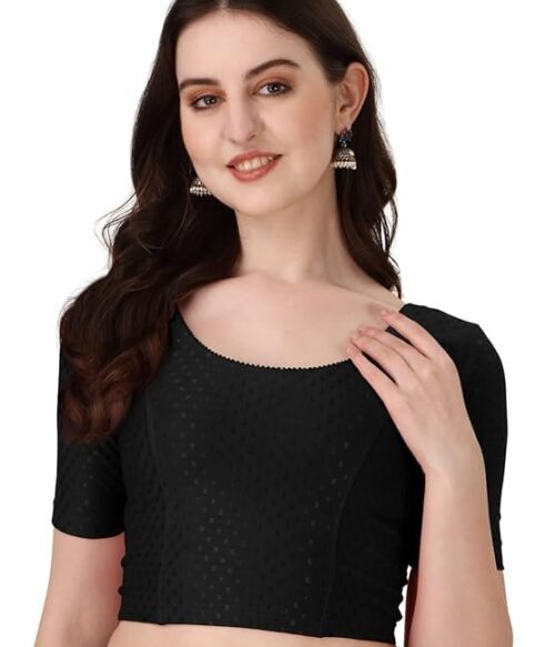 Round Neck Dobby Cotton Lycra Stretchable Elbow Sleeve Readymade Saree Blouse for Women