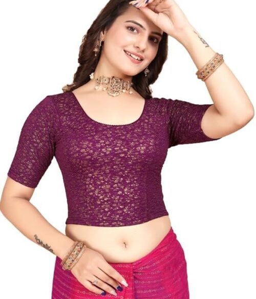 Round Neck Jacquard Elbow Sleeve Readymade Saree Blouse for Women Stylish