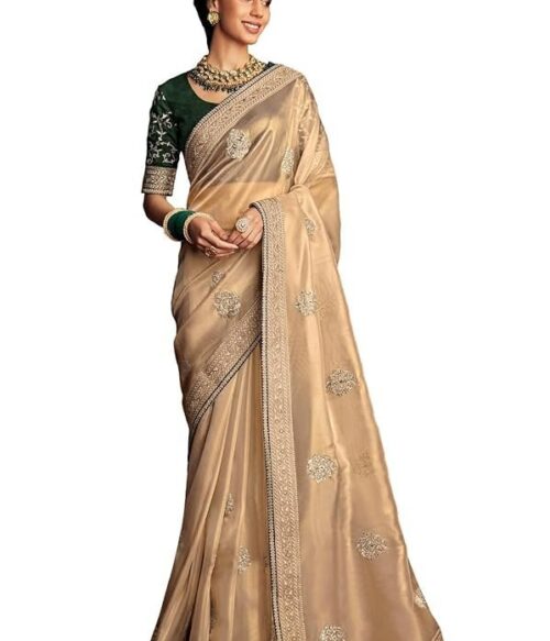 Shimmer Net Gold-coloured saree featuring an all-over heavy gold zari butta and sequence work on body decorated with border with contrast navy blue piping