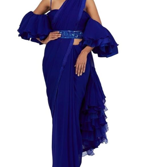 Saree Trends Women’s Faux Georgette ready to wear Frill saree with unstitched blouse