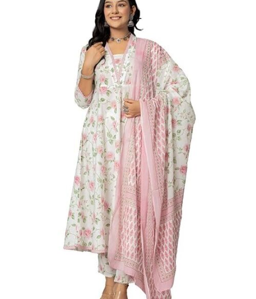 Women’s Cotton Printed Anarkali Kurta with Palazzo Pants and Dupatta