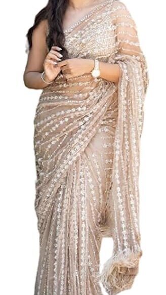 Saree For Women’s And Girls Net Fabric Saree With Fancy Sequance Embroidery Work With Feather Lace In Pallu