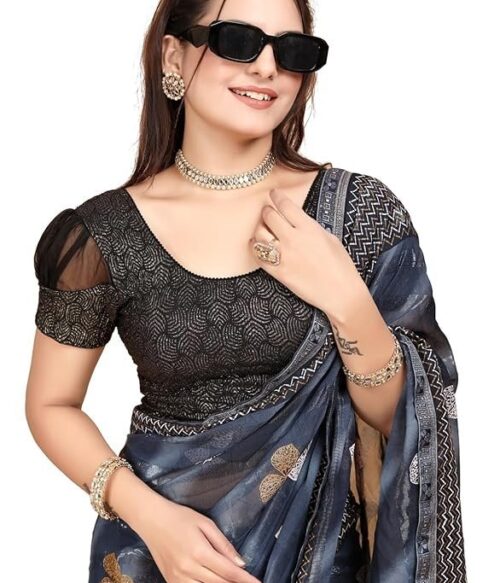 Round Neck Dobby Cotton Lycra Stretchable Elbow Half Sleeve Readymade Saree Blouse for Women Stylish