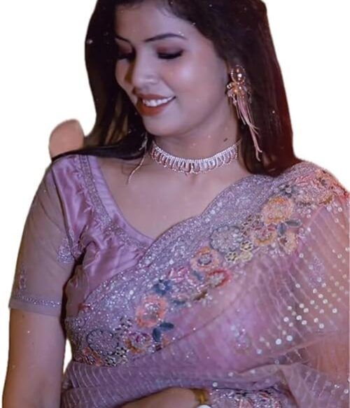 Women’s Voilet Pink Sequenced Jimmi Chu Silk Saree With Blouse Piece Material
