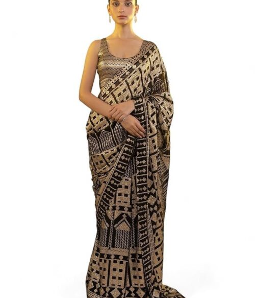 Women’s Black Sequins Work Heavy Georgette Saree with Blouse (1024-Black-Sequins-Designer-Saree-Latest, Black)