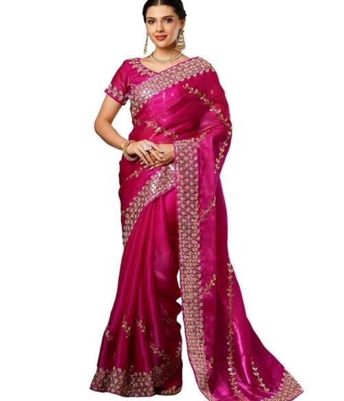 Women’s Tissue Silk Sequence Embroidery Scalloped Border Saree With Unstitched Blouse Piece