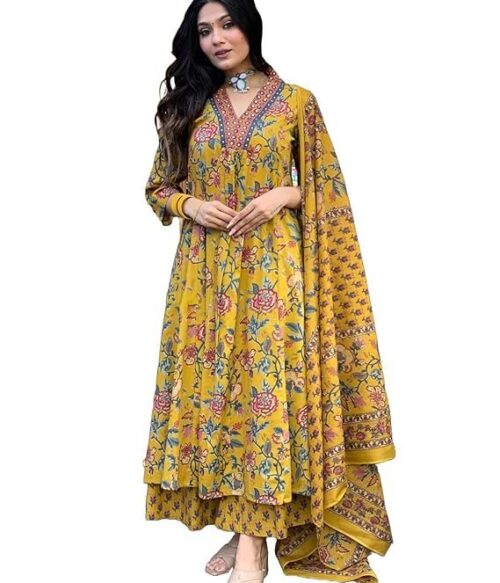 Women’s Rayon Blend Anarkali Printed Kurta with Palazzo & Dupatta