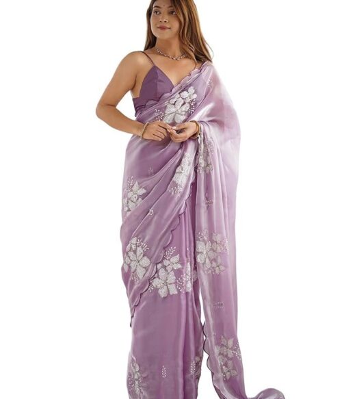 Women’s Shimmer Chiffon Sequence Embroidery Saree With Unstitched Blouse Piece