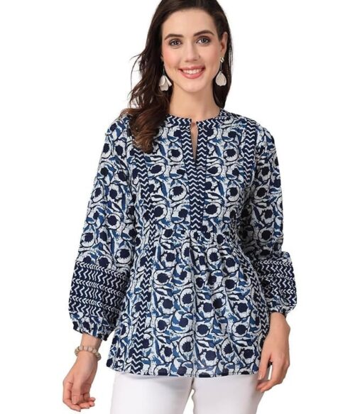 Polyester Women’s Floral Placement 3/4 Sleeve and Keyhole Neck Printed Short Kurti (Copy)