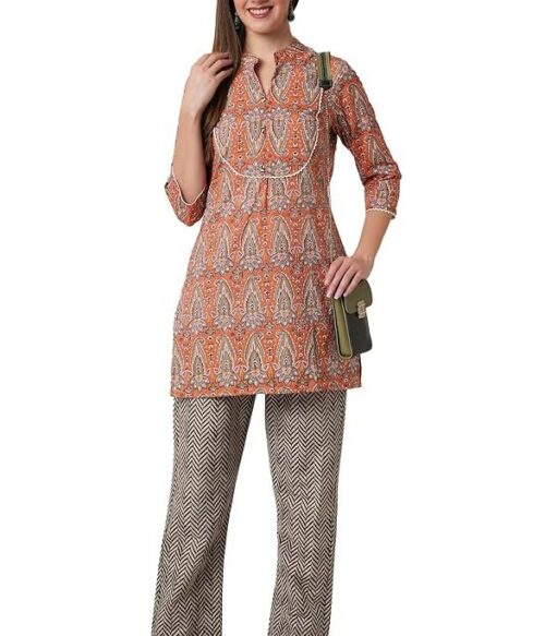 Women’s Cotton Short Kurta with Pants – (Orange)