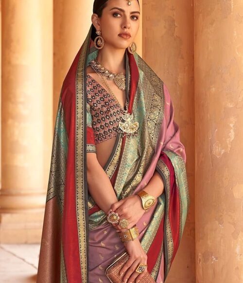 Women’s Woven Design Peacock Print Silk Blend Saree with Unstitched Blouse Piece