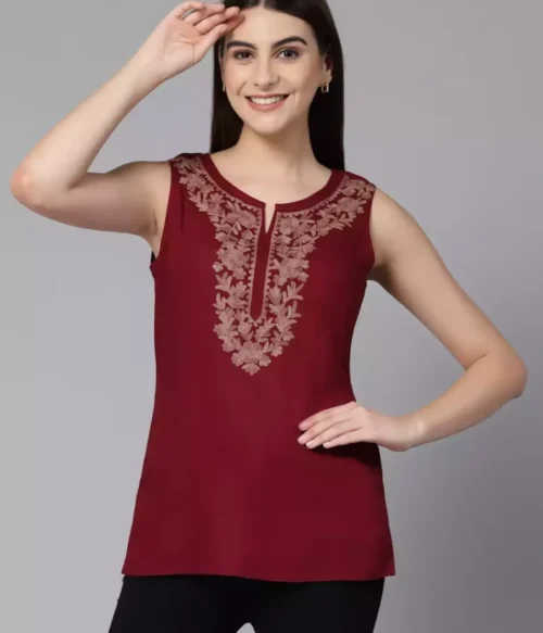 Amaira Maroon Sleeveless Short Kurti