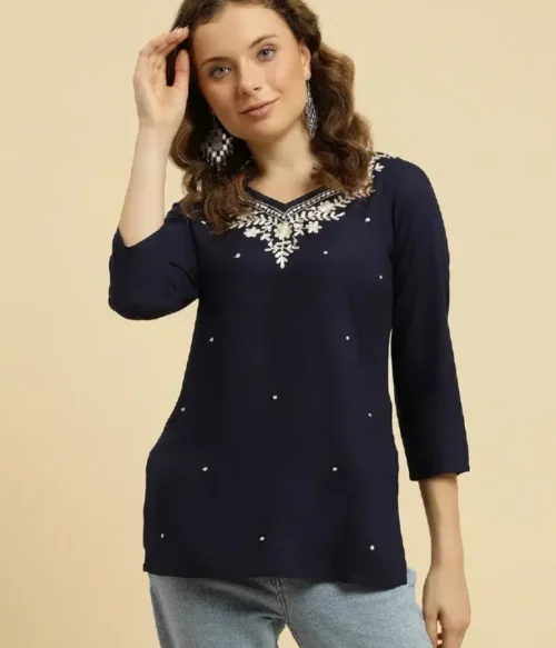 Blue Kashmiri Silk Work Short Kurti