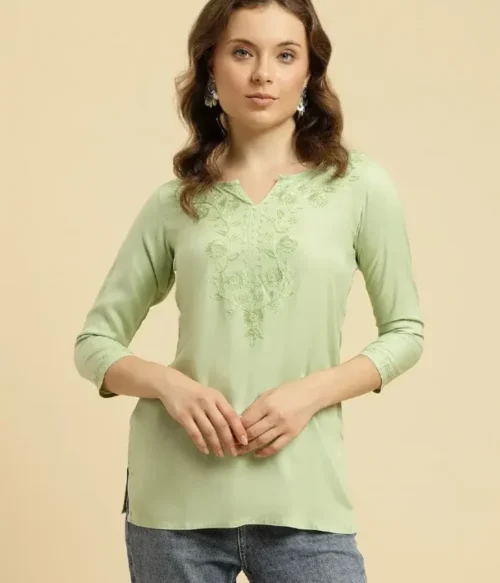 Pista Green Kashmiri Silk Work Short Kurti