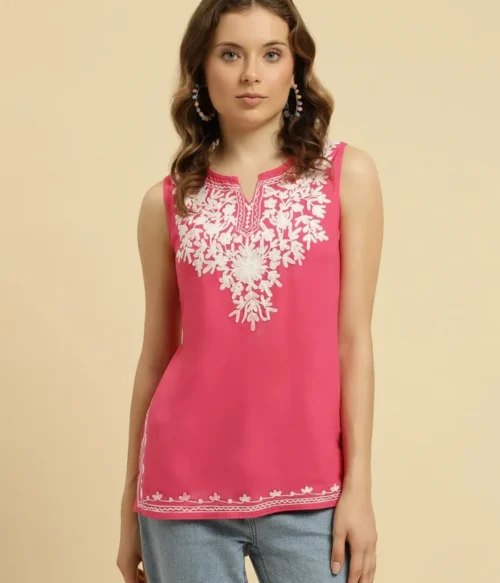 Pink Sleeveless Short Kurti