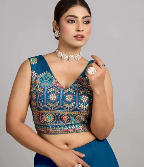 Teal Blue Art Silk Embroidered V Neck Blouse Party Wear