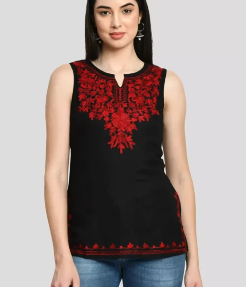 Black Kashmiri Sleeveless Short Kurti