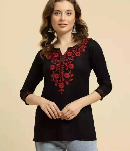 Black Kashmiri Silk Work Short Kurti