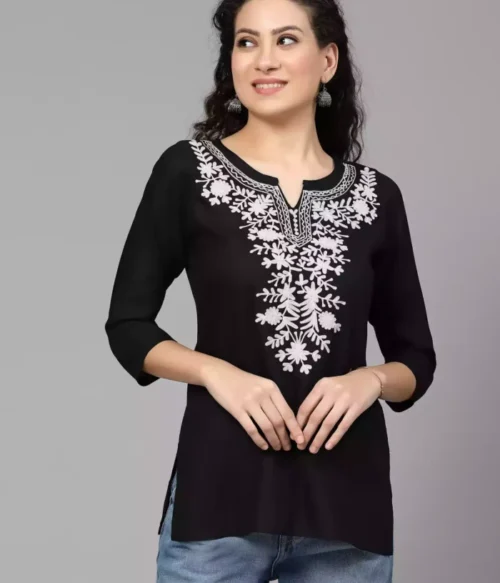 Black Kashmiri Embroidered Short Kurti