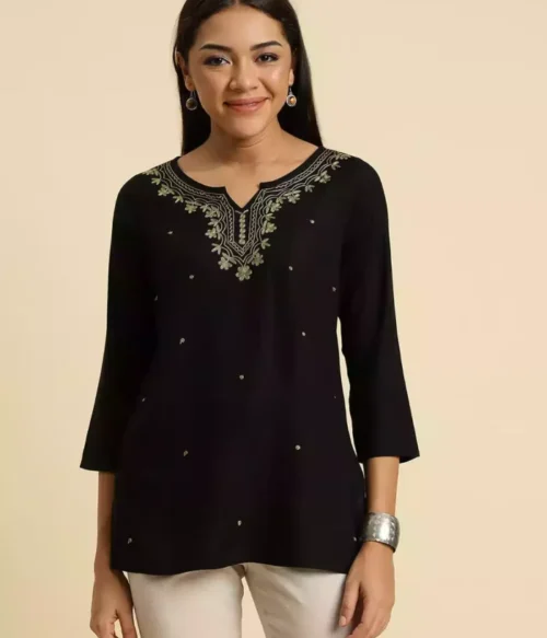 Black Pashmina Work Short Kurti