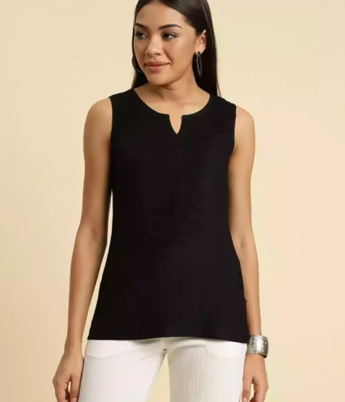 Black Self-Embroidered Sleeveless Short Kurti